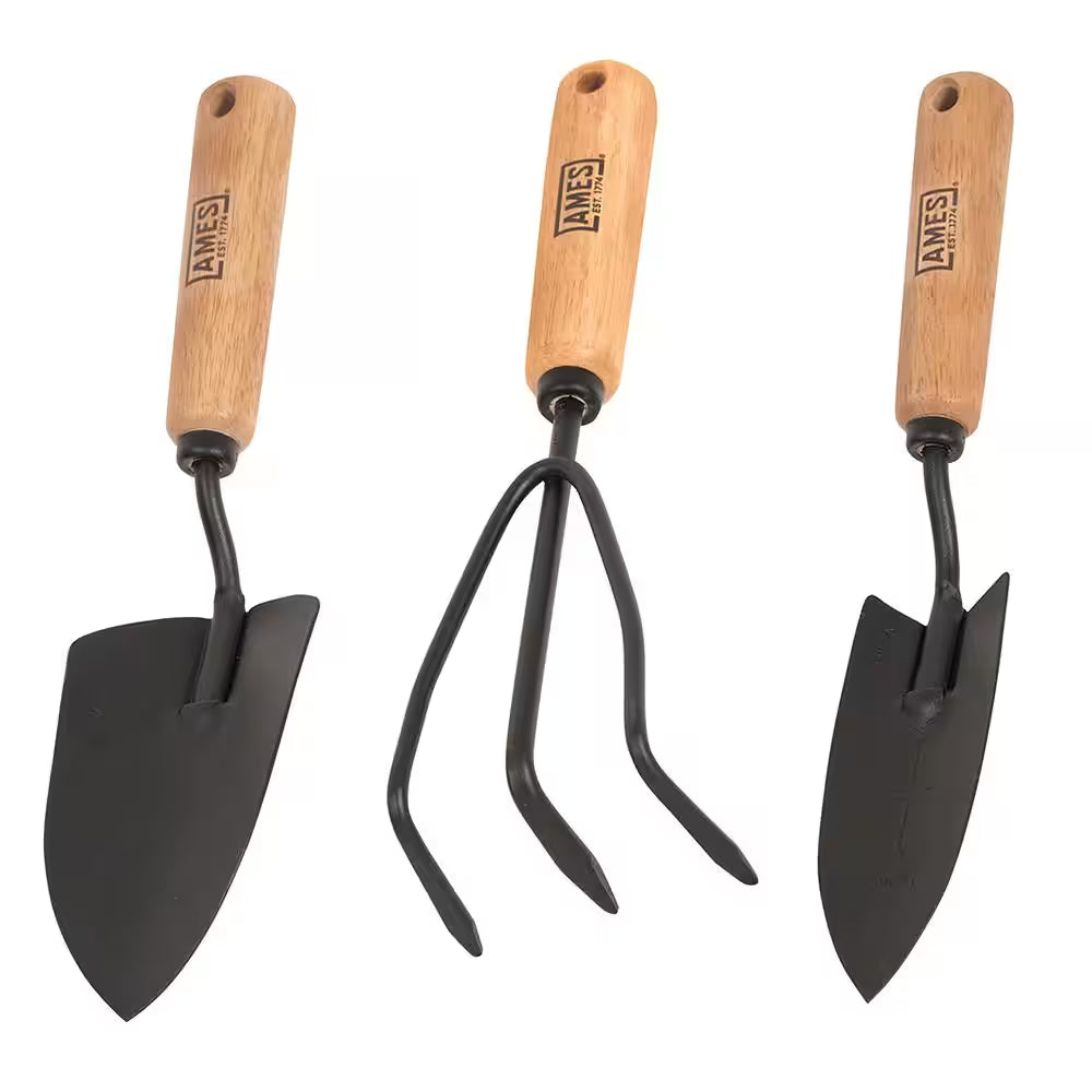 3-Piece Wood Handle Trowel, Cultivator, and Transplanter Garden Tool Set