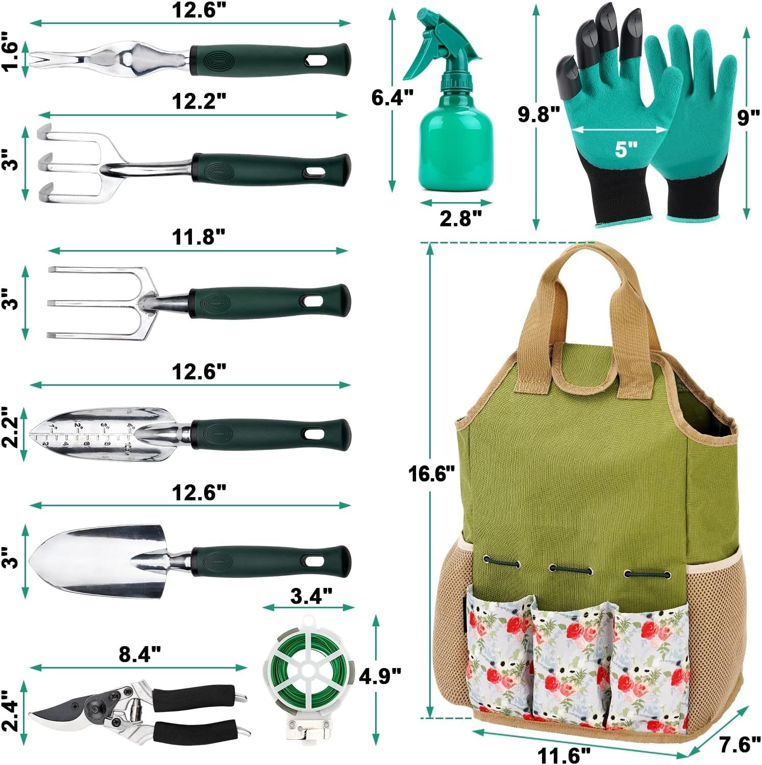 Gardening Tools Set and Organizer Tote Bag with 10 Piece Garden Tools,Garden Gift Set, Vegetable Gardening Hand Tools Kit Bag with Garden Digging Claw Gardening Gloves