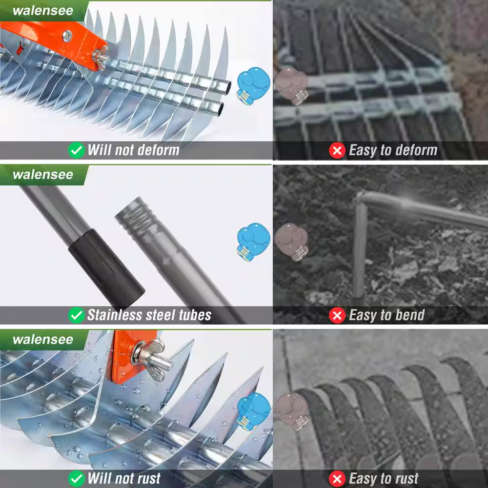 70 In. Adjustable Steel Handle Thatch Rake, 19 Tines Back Saving Lawn Thatching Rake for Garden Yard, 0.8In. Blade Span