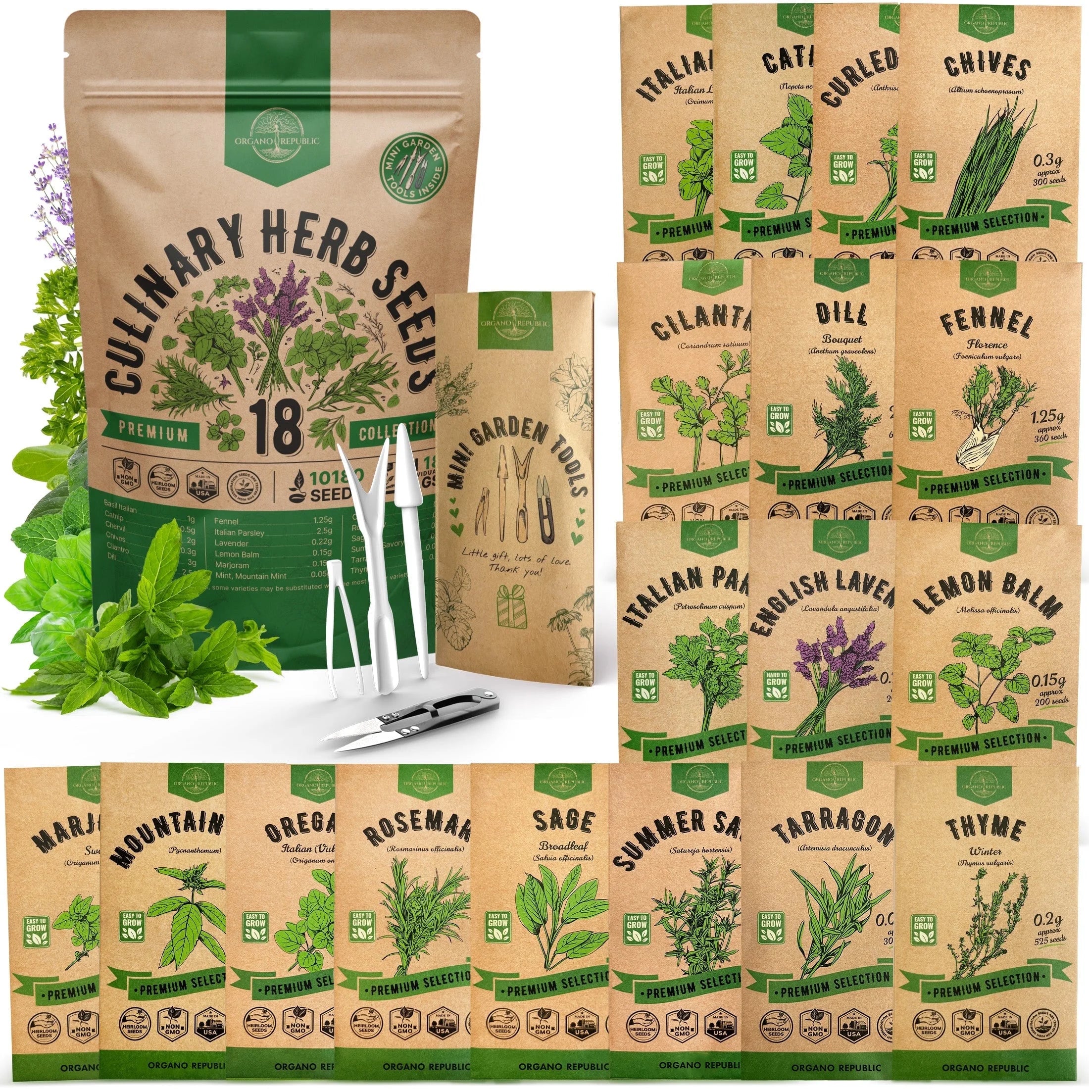 18 Culinary Herbs Seeds Variety Pack - 10,180+ Heirloom, Non-Gmo, Herbs Seeds