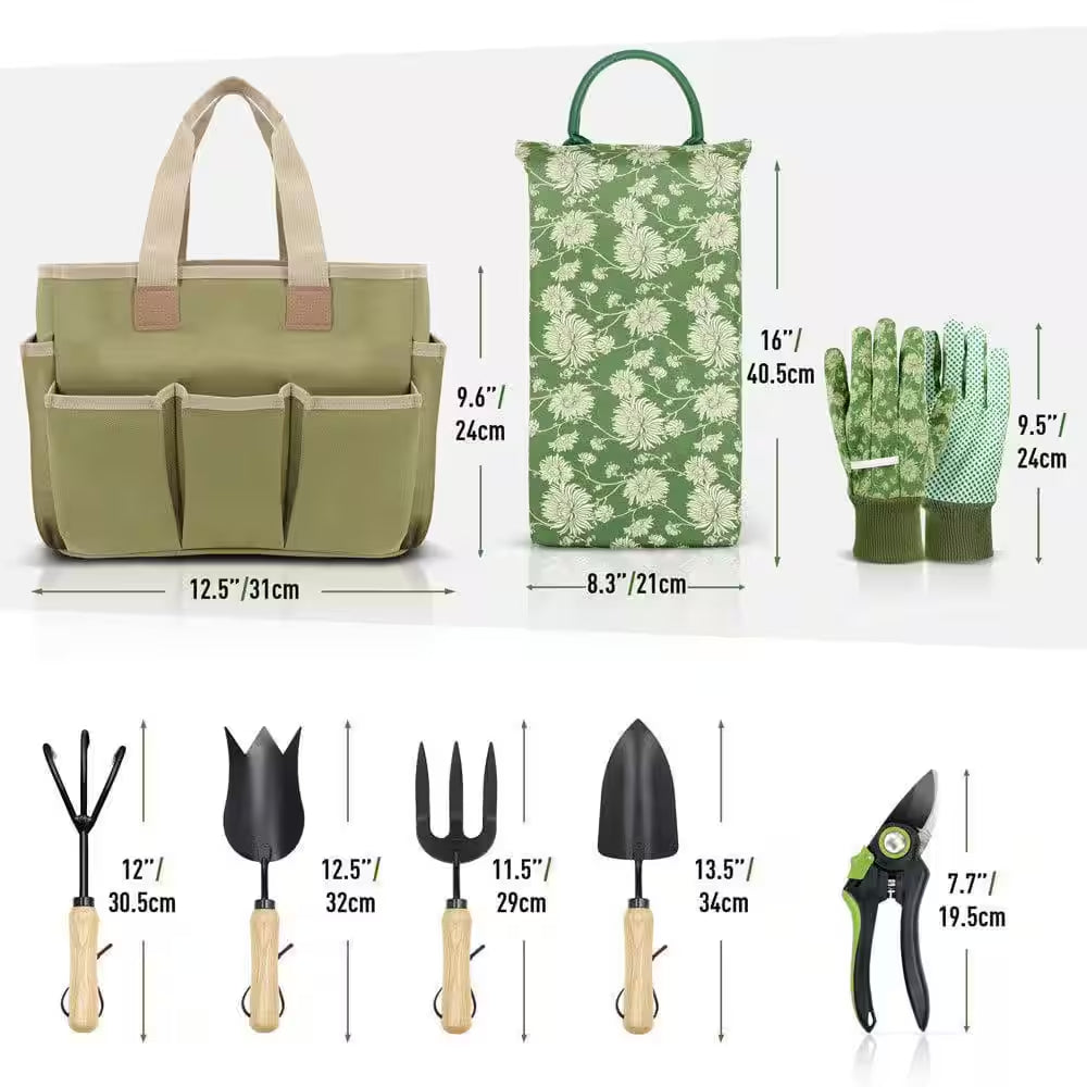 8-Piece Garden Tools Set with Wooden Handle, Pruner, Trowel, Tulip Trowel, Cultivator, Kneeling Pad, Gardening Gifts