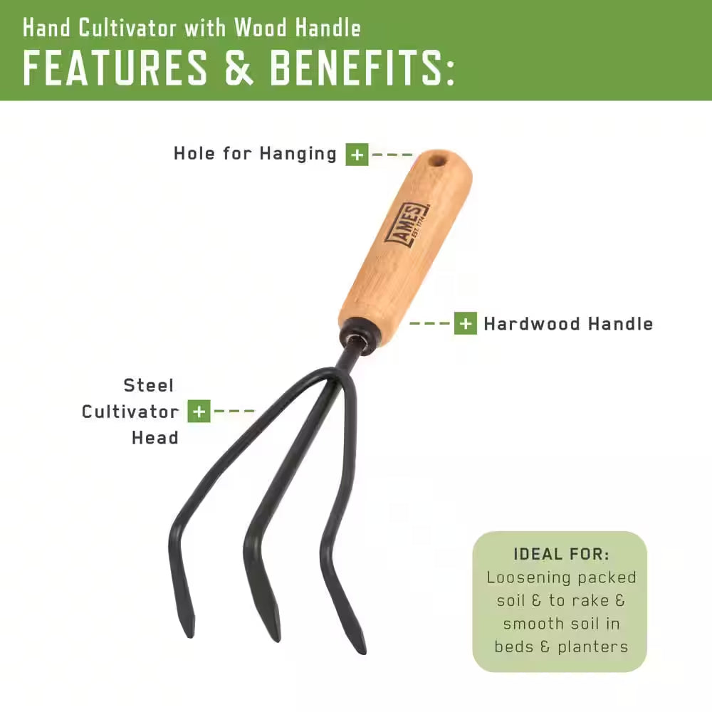 3-Piece Wood Handle Trowel, Cultivator, and Transplanter Garden Tool Set