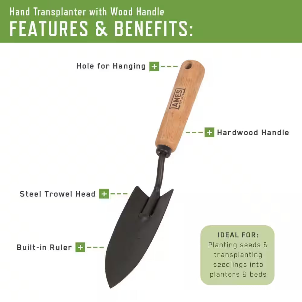 3-Piece Wood Handle Trowel, Cultivator, and Transplanter Garden Tool Set