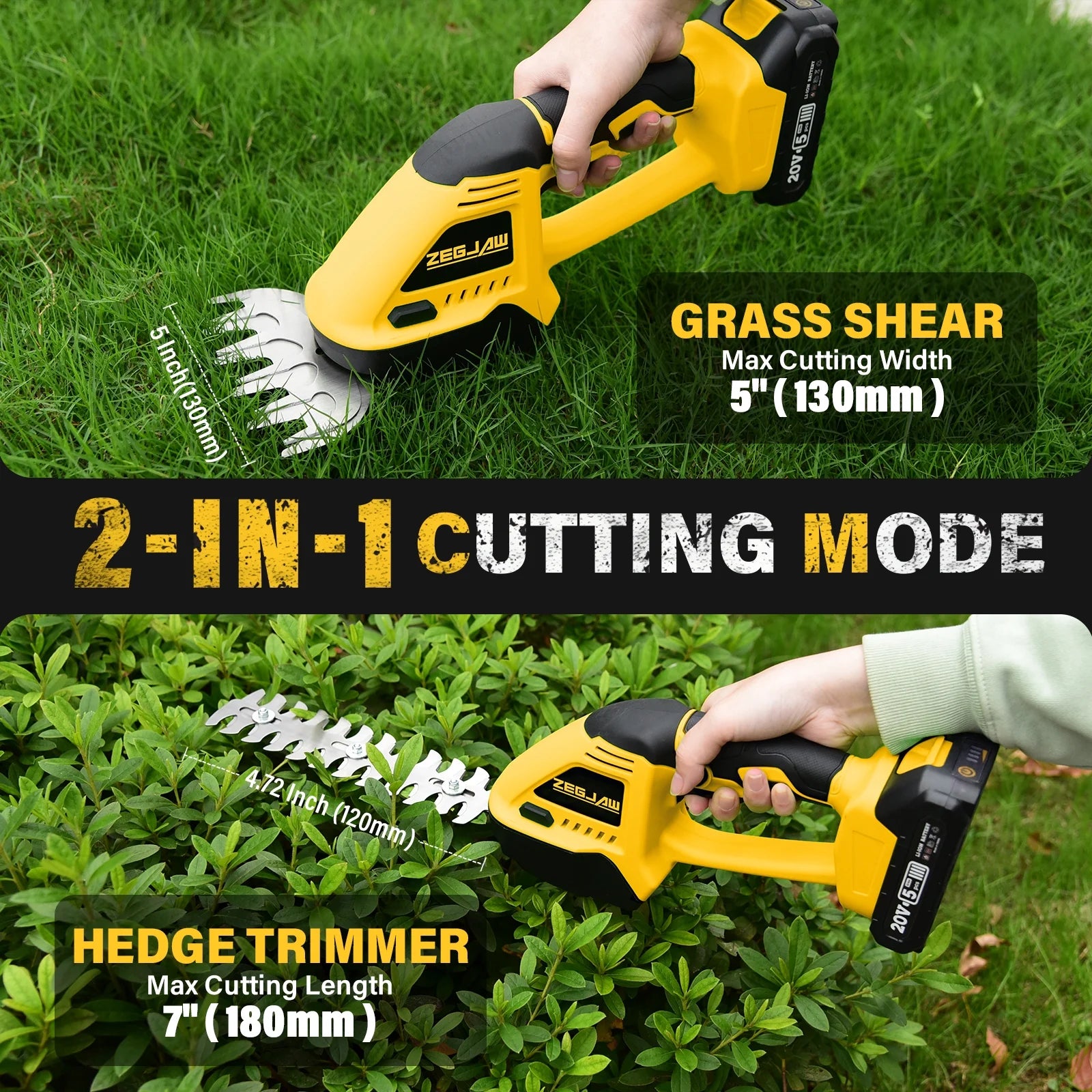 Cordless Hedge Trimmer, 2 in 1 Handheld Electric Grass Shear, 20V Power Tool for Efficient Yard Maintenance Lightweight, Trimming Hedges and Bushes with Charger and Battery