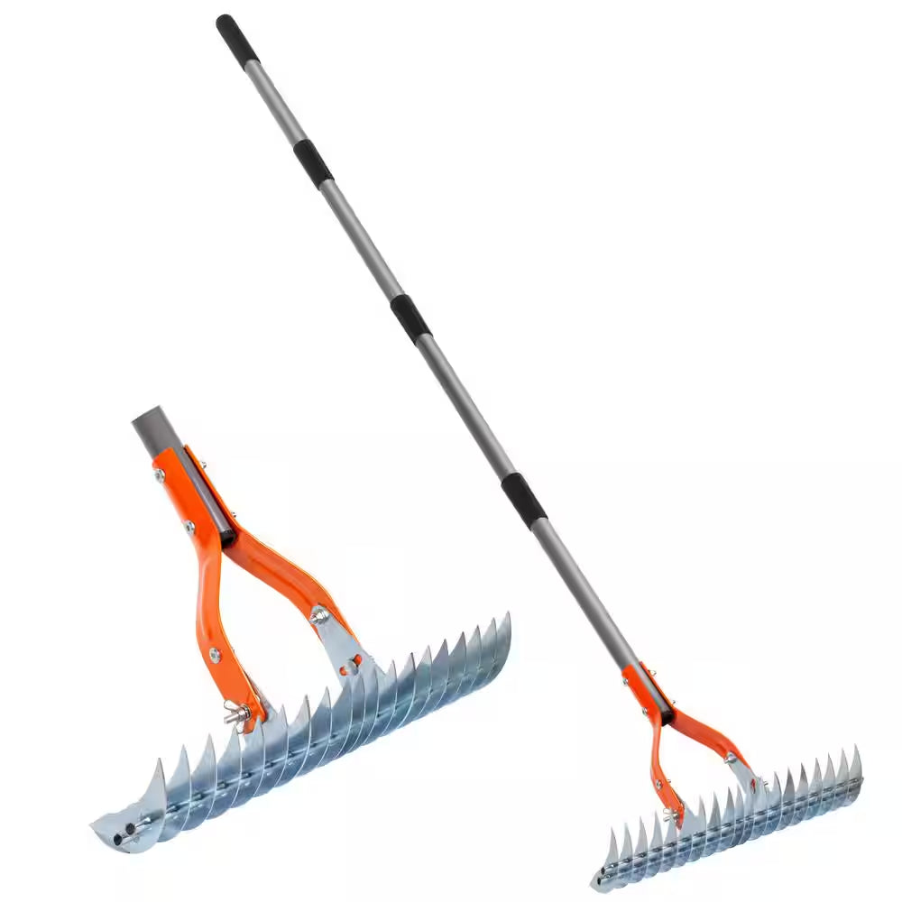 70 In. Adjustable Steel Handle Thatch Rake, 19 Tines Back Saving Lawn Thatching Rake for Garden Yard, 0.8In. Blade Span