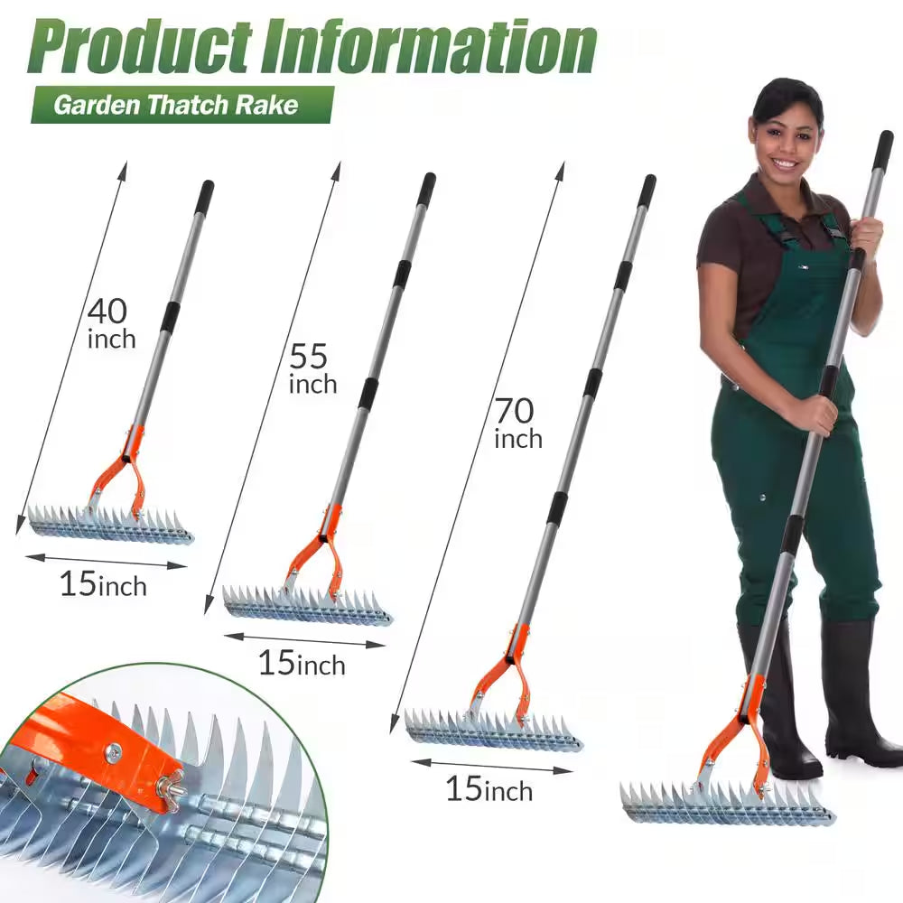 70 In. Adjustable Steel Handle Thatch Rake, 19 Tines Back Saving Lawn Thatching Rake for Garden Yard, 0.8In. Blade Span