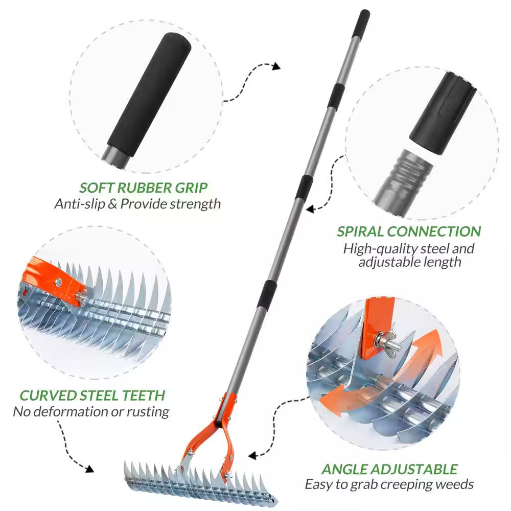 70 In. Adjustable Steel Handle Thatch Rake, 19 Tines Back Saving Lawn Thatching Rake for Garden Yard, 0.8In. Blade Span