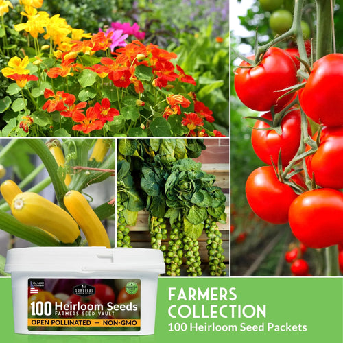 100 Pack Farmer Kit Vegetable Seeds - Non GMO Heirloom Full Sun Annual - Emergency Seed Bank Survival Gear